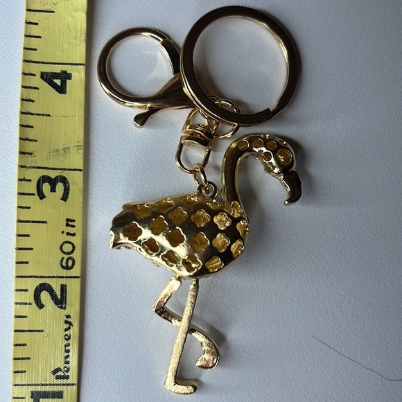 Fashion  Bag Charm & keychain  flamingo, like bird  clear rhinestones/ gold tone - Picture 4 of 6
